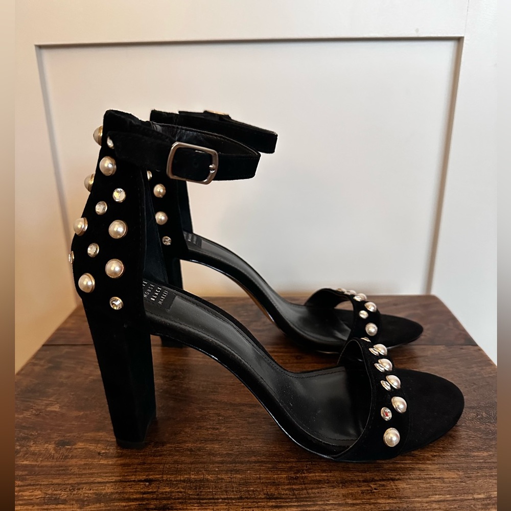 WHBM size 8 block heel sandal—black suede with pearl and rhinestone studs. - Picture 5 of 8